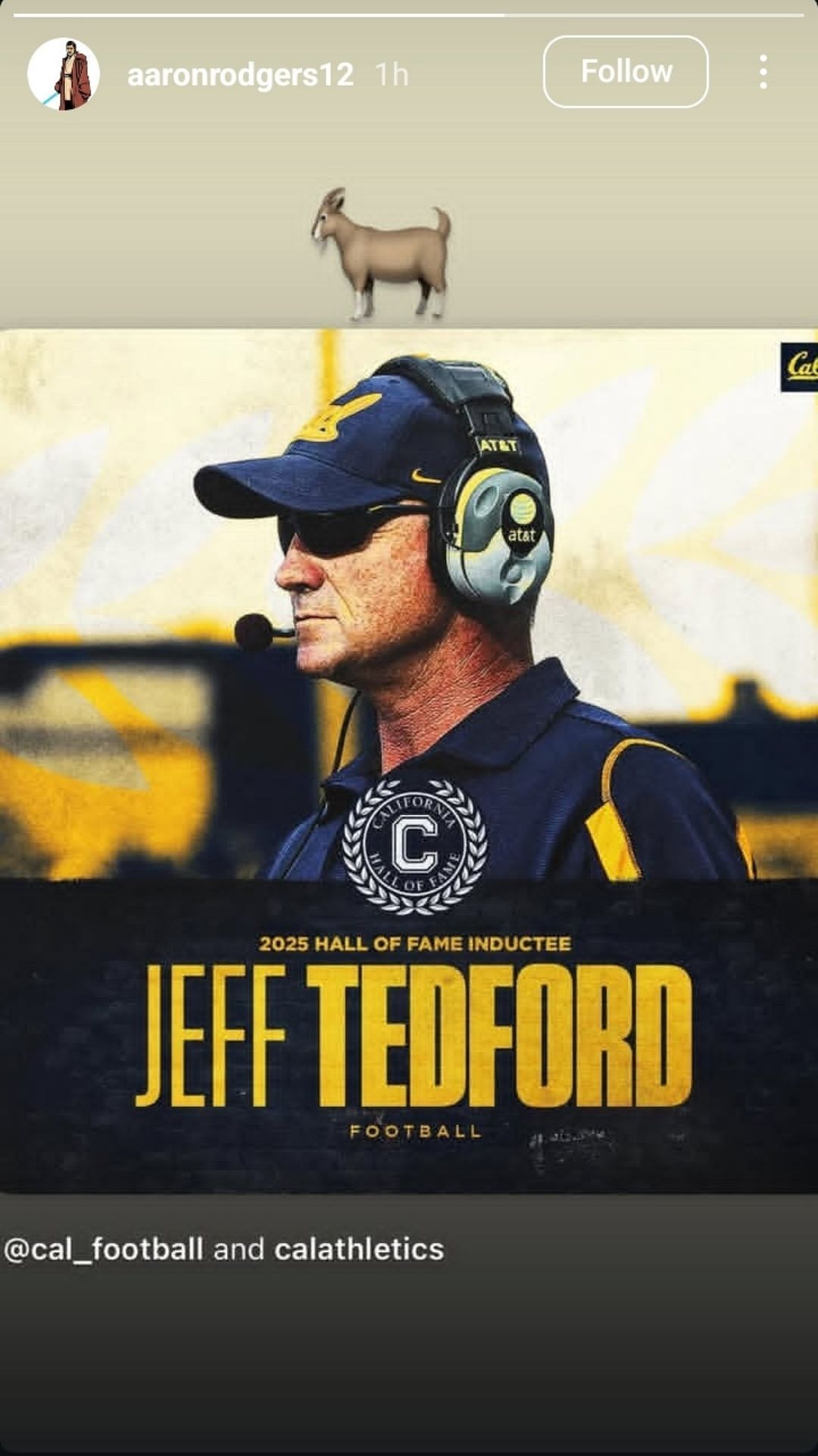 Aaron Rodgers anoints ex-Cal HC Jeff Tedford as "GOAT" after Hall of Fame induction
